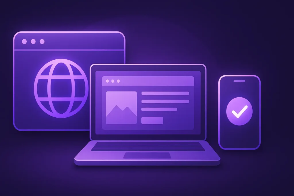 Ilustración digital en tonos púrpura que muestra un navegador web, una laptop y un teléfono móvil, simbolizando la presencia digital y la importancia de tener una página web en 2025.